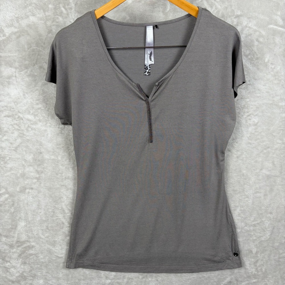 Poools Brown Metallic Shimmer V-Neck Beaded Trim SS Top US 10 Soft Summer Chic